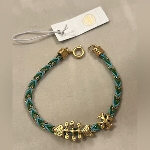 Tory Burch Fish Braided Logo Bracelet in green and gold-tone